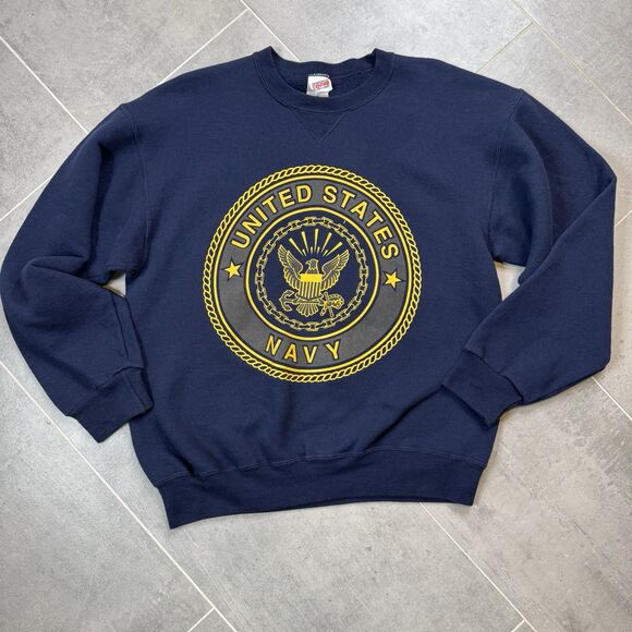 US Navy Men’s Sweatshirt M Blue Gold Logo Crewneck Pullover Made in USA Soffe - Picture 1 of 8